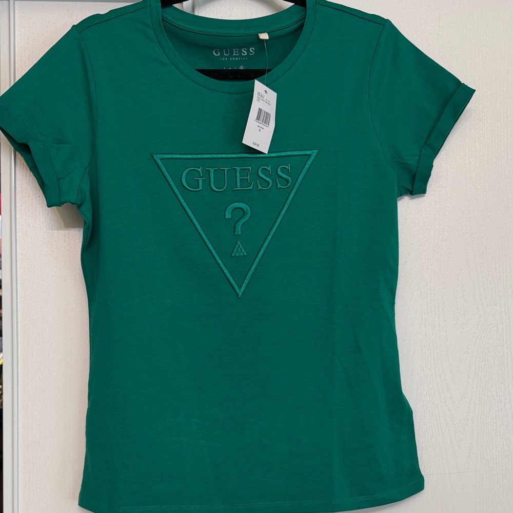 GUESS Women's Teal Green Embossed Logo Tee